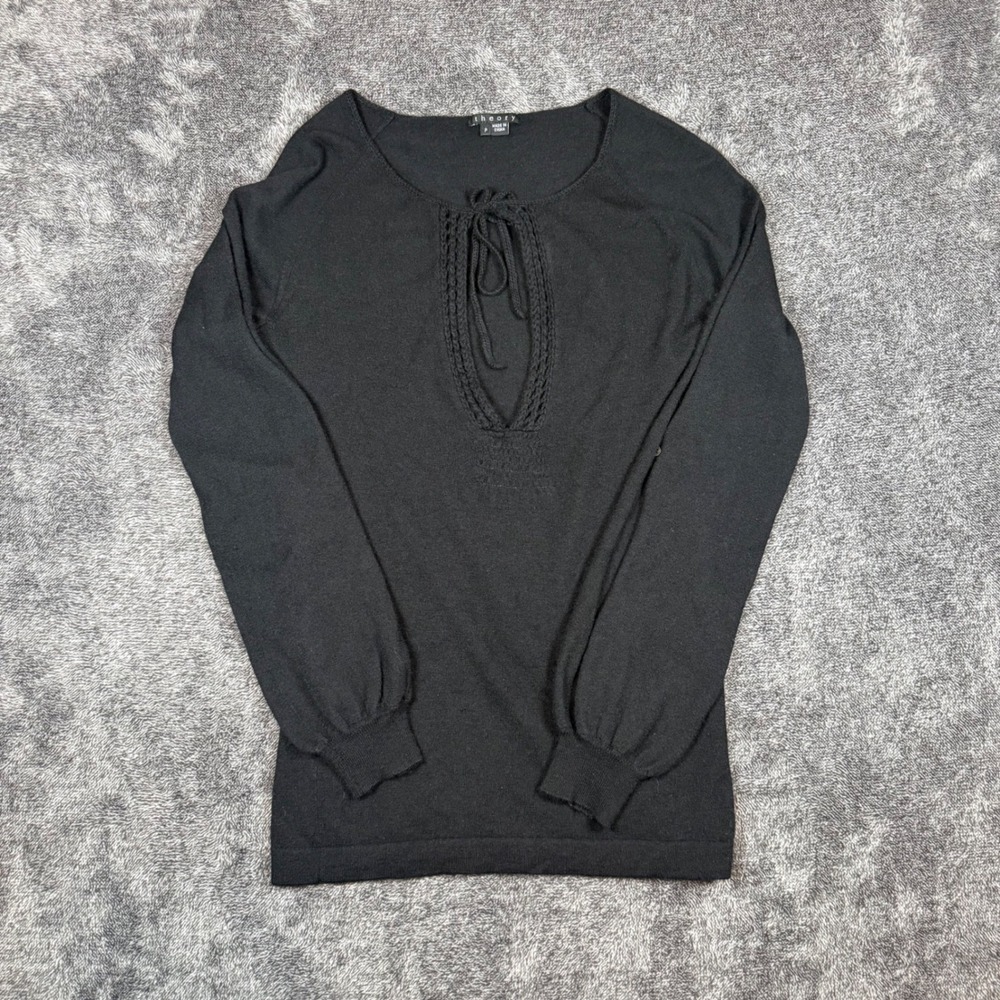 Theory Womens Petite Cashmere Knit Top Black Tie Neck Lightweight 100% Cashmere